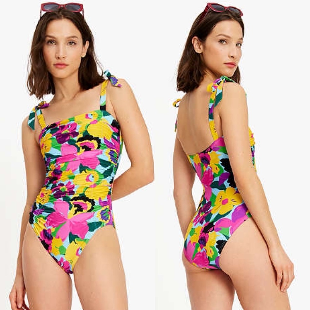 Kate Spade Shirred Orchid Bloom Bow Shoulder Tie One Piece size XL $150